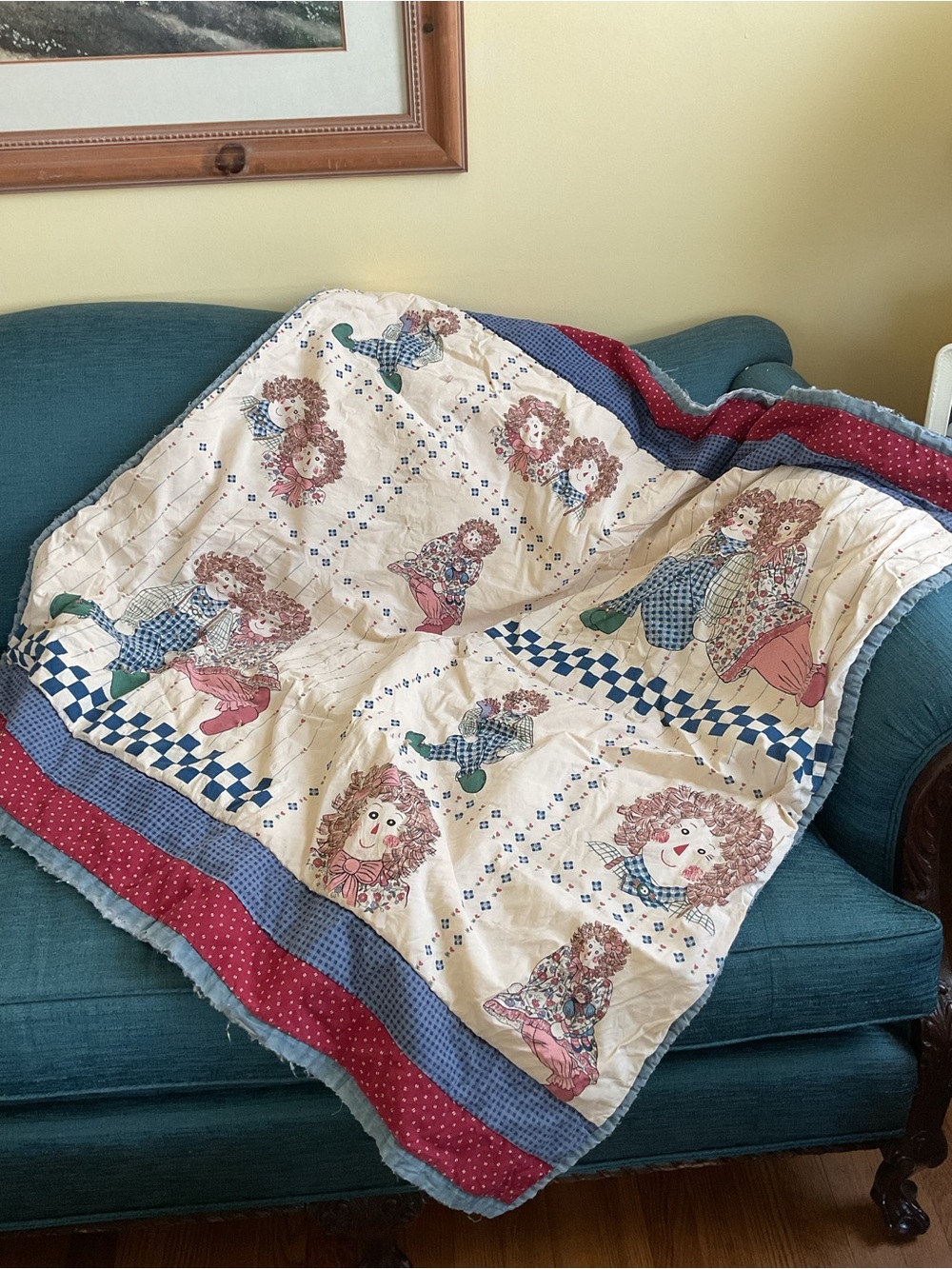 Vintage-Inspired Raggedy Doll Patchwork Throw Blanket - Cream, Red & Blue flawed